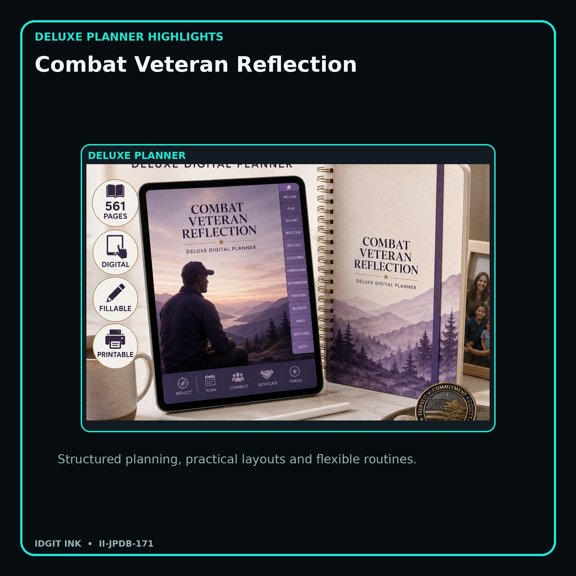 Combat Veteran Reflection deluxe digital planner features and flexible organization