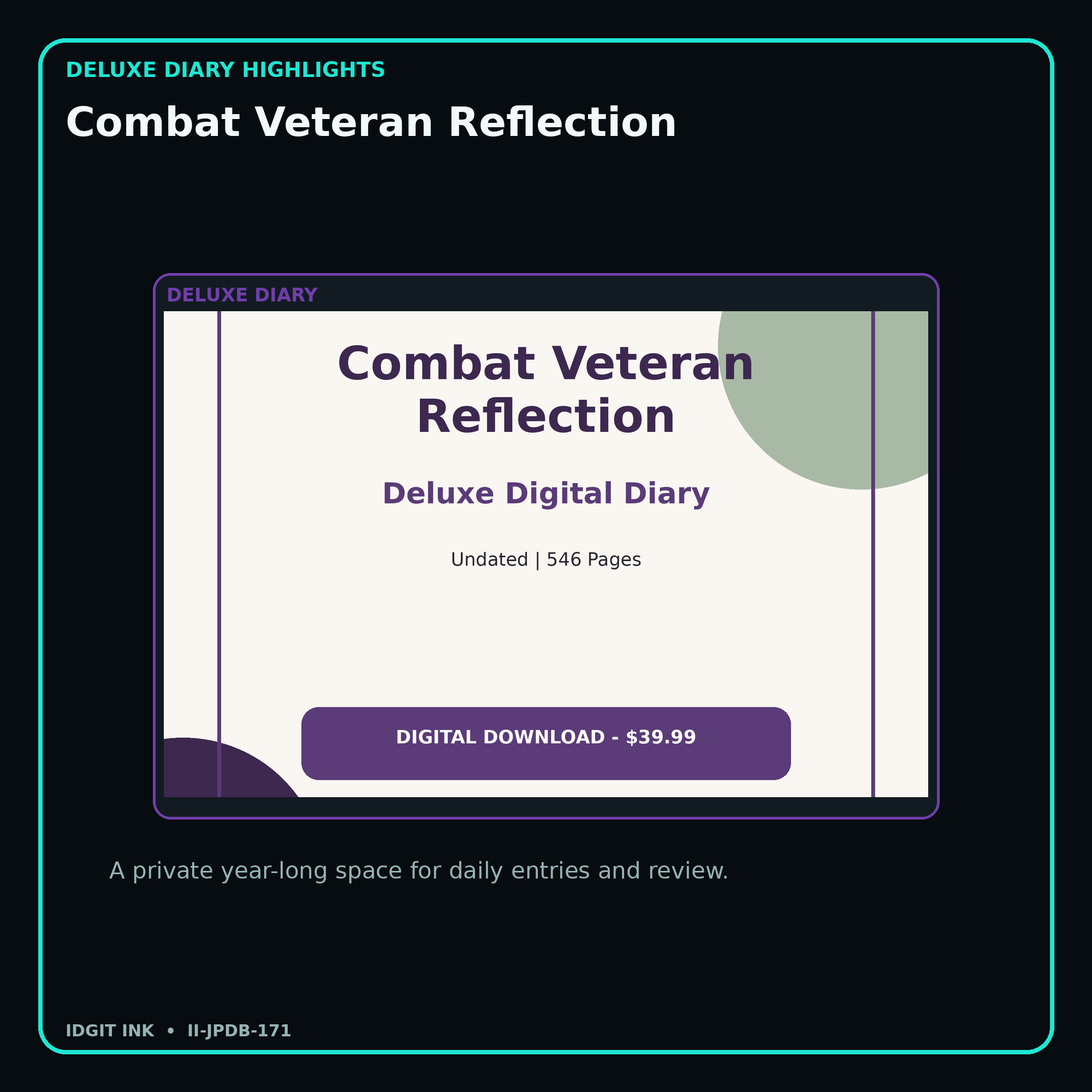Combat Veteran Reflection deluxe digital diary features and undated daily entries