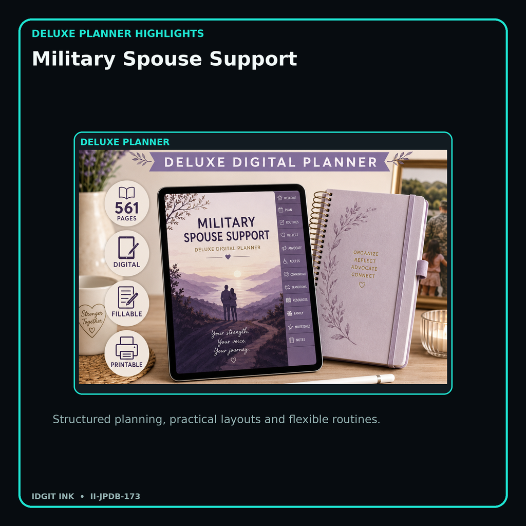 Military Spouse Support deluxe digital planner features and flexible organization
