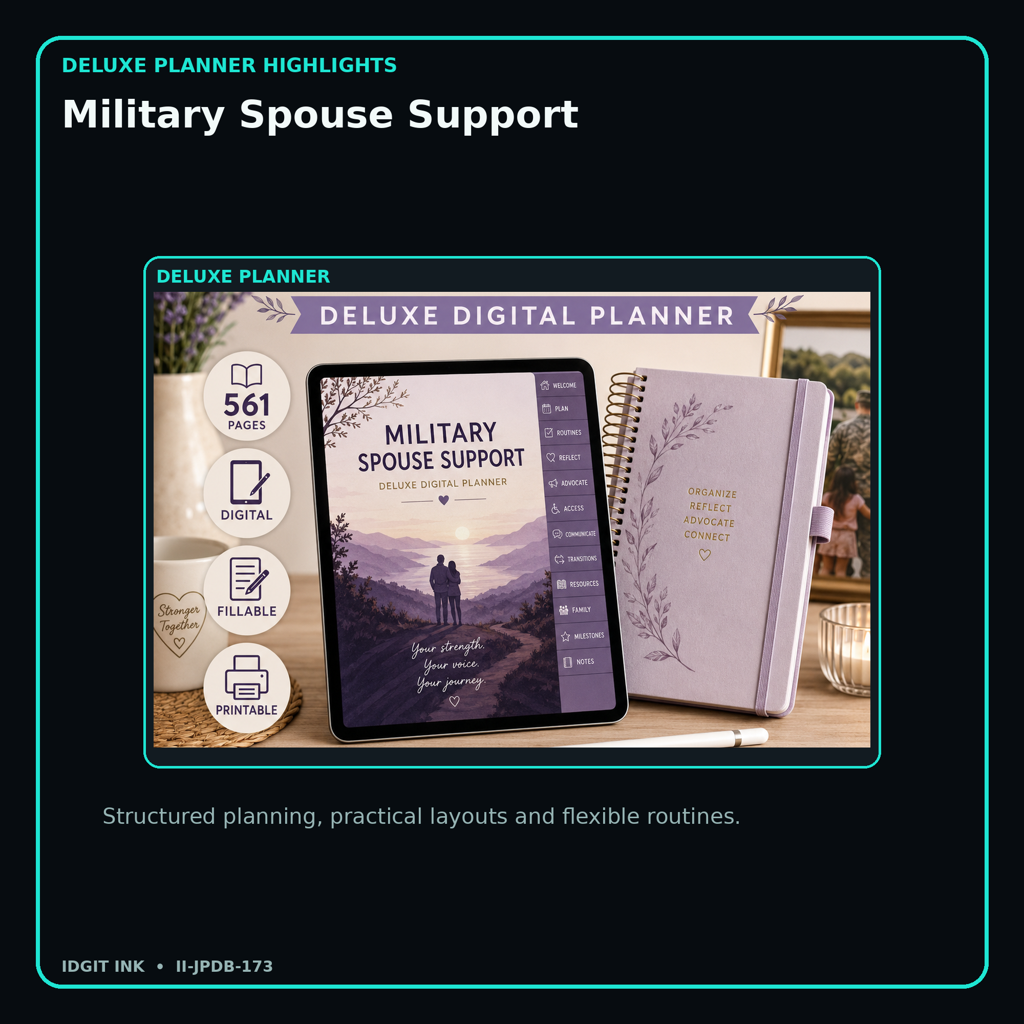 Military Spouse Support deluxe digital planner features and flexible organization