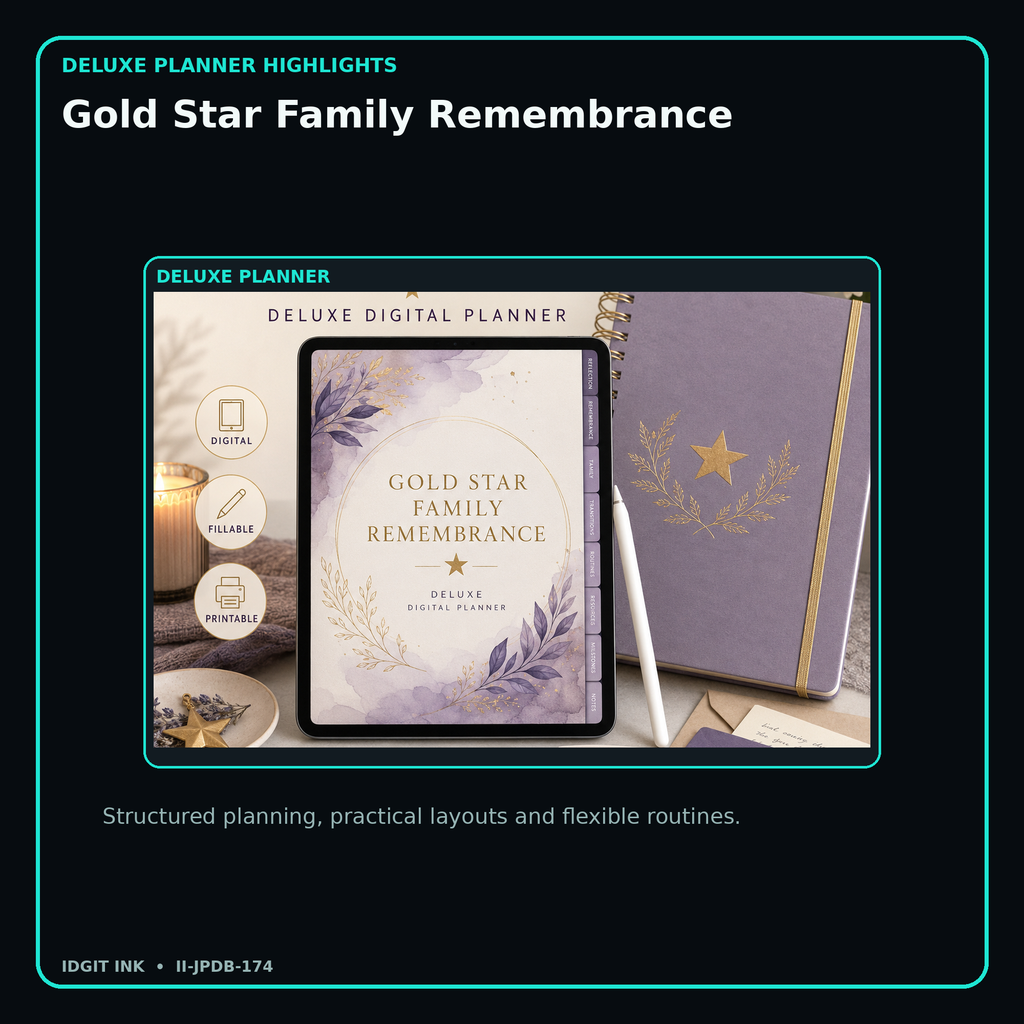 Gold Star Family Remembrance deluxe digital planner features and flexible organization