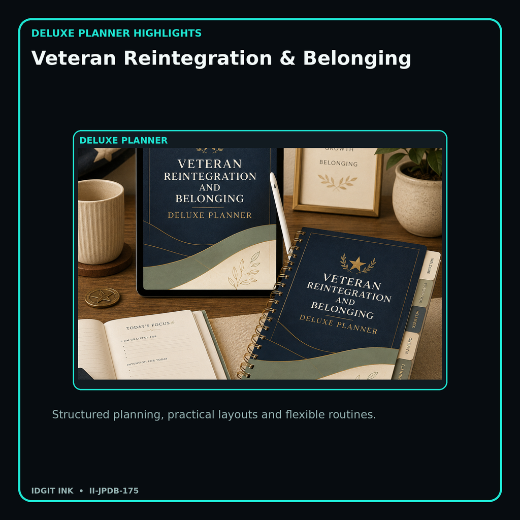 Veteran Reintegration & Belonging deluxe digital planner features and flexible organization
