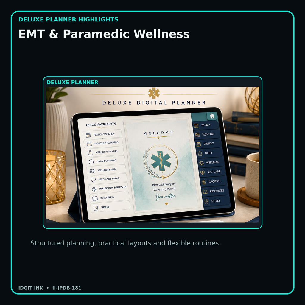 EMT & Paramedic Wellness deluxe digital planner features and flexible organization