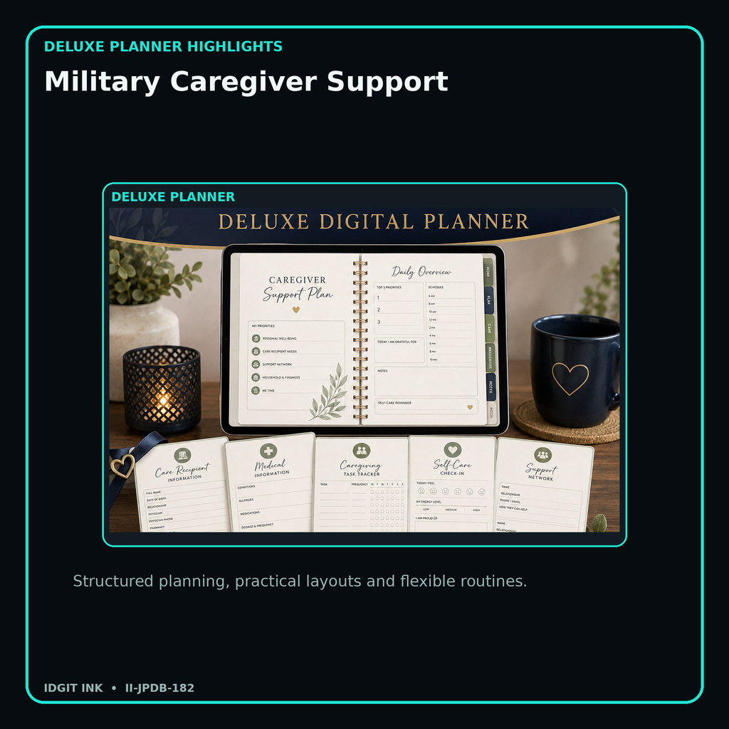 Military Caregiver Support deluxe digital planner features and flexible organization