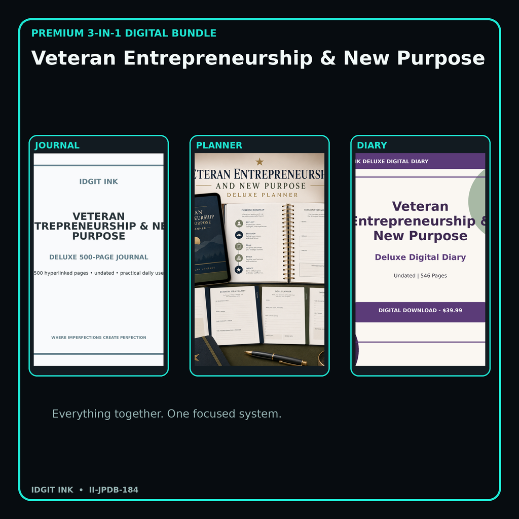 Veteran Entrepreneurship & New Purpose premium digital journal planner and diary bundle cover