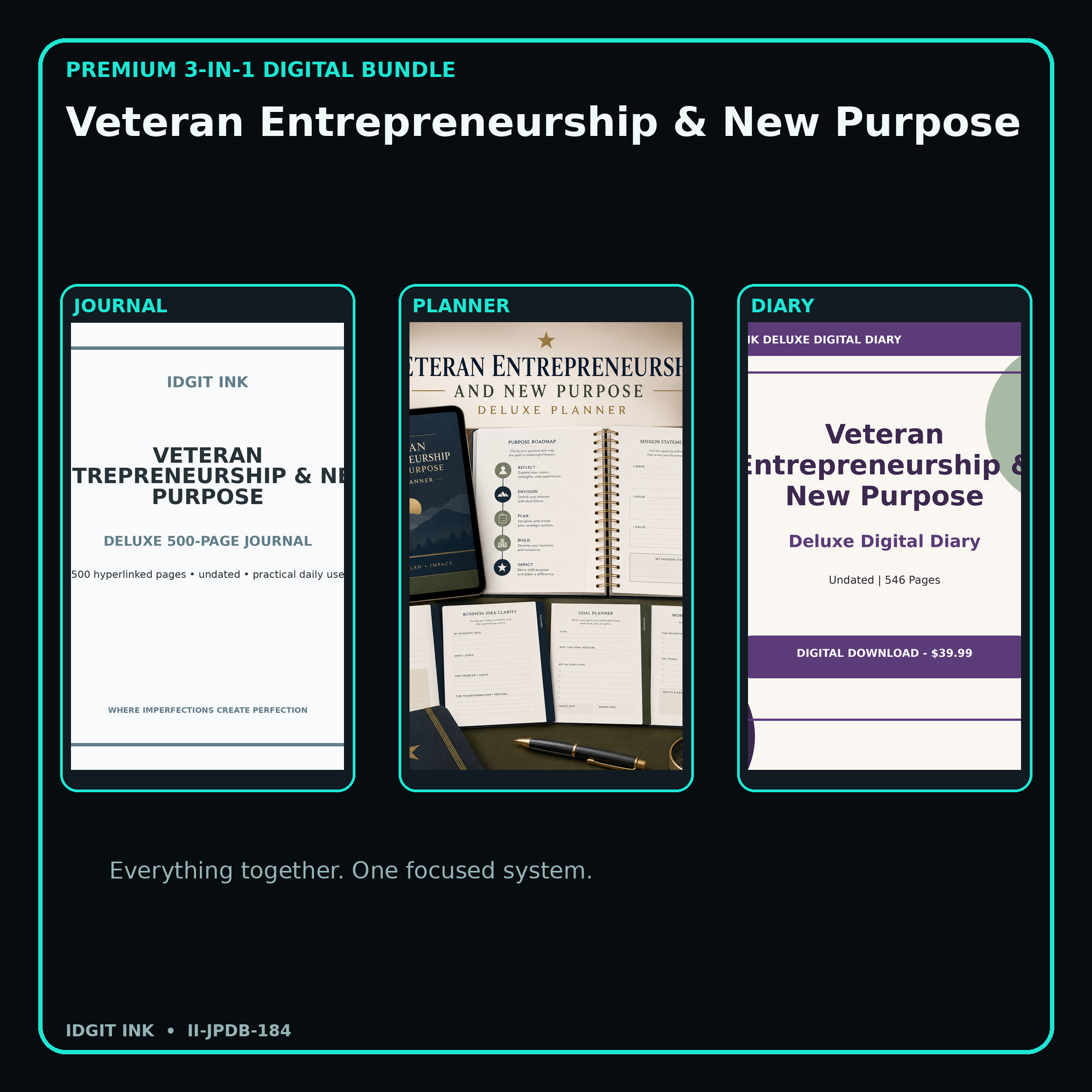 Veteran Entrepreneurship & New Purpose premium digital journal planner and diary bundle cover