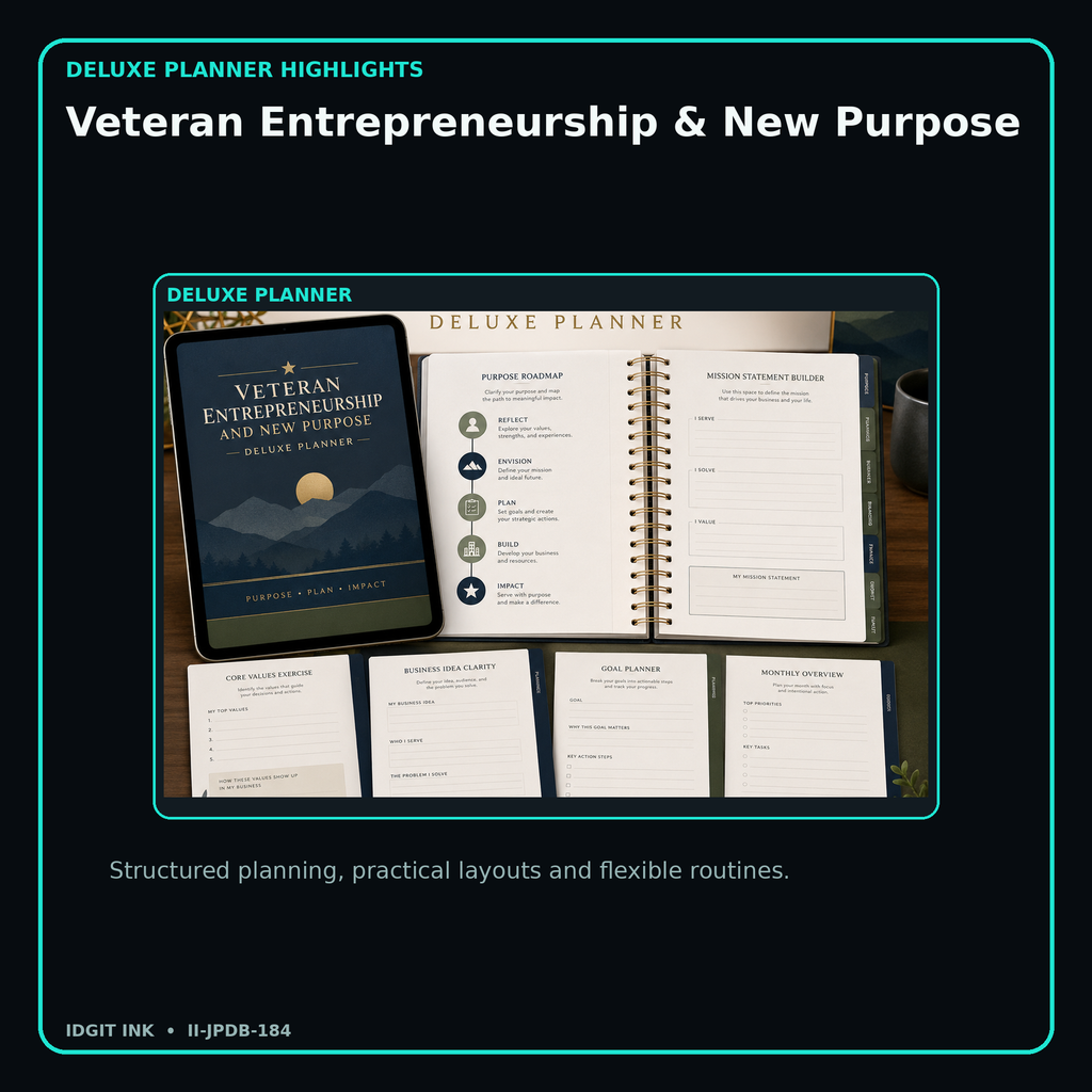 Veteran Entrepreneurship & New Purpose deluxe digital planner features and flexible organization