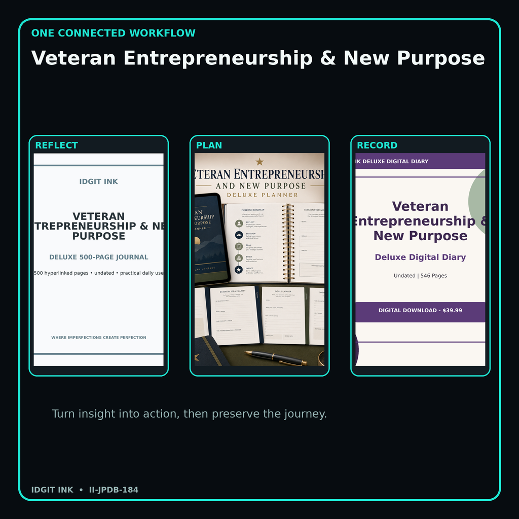 Veteran Entrepreneurship & New Purpose connected journal planner diary workflow and customer benefits