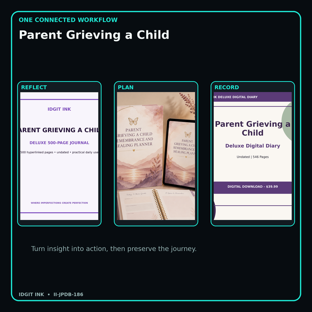 Parent Grieving a Child connected journal planner diary workflow and customer benefits