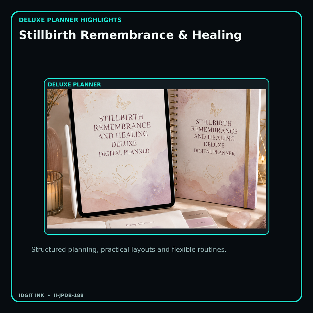 Stillbirth Remembrance & Healing deluxe digital planner features and flexible organization