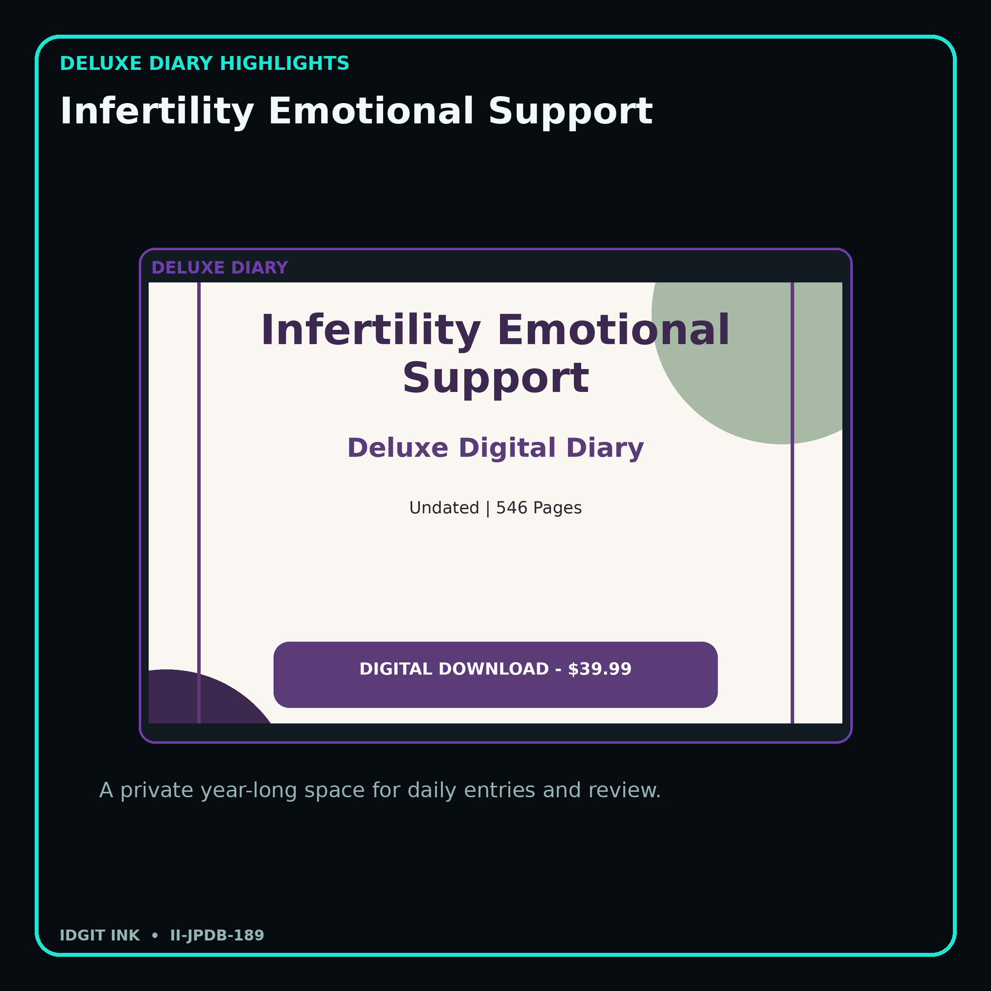 Infertility Emotional Support deluxe digital diary features and undated daily entries