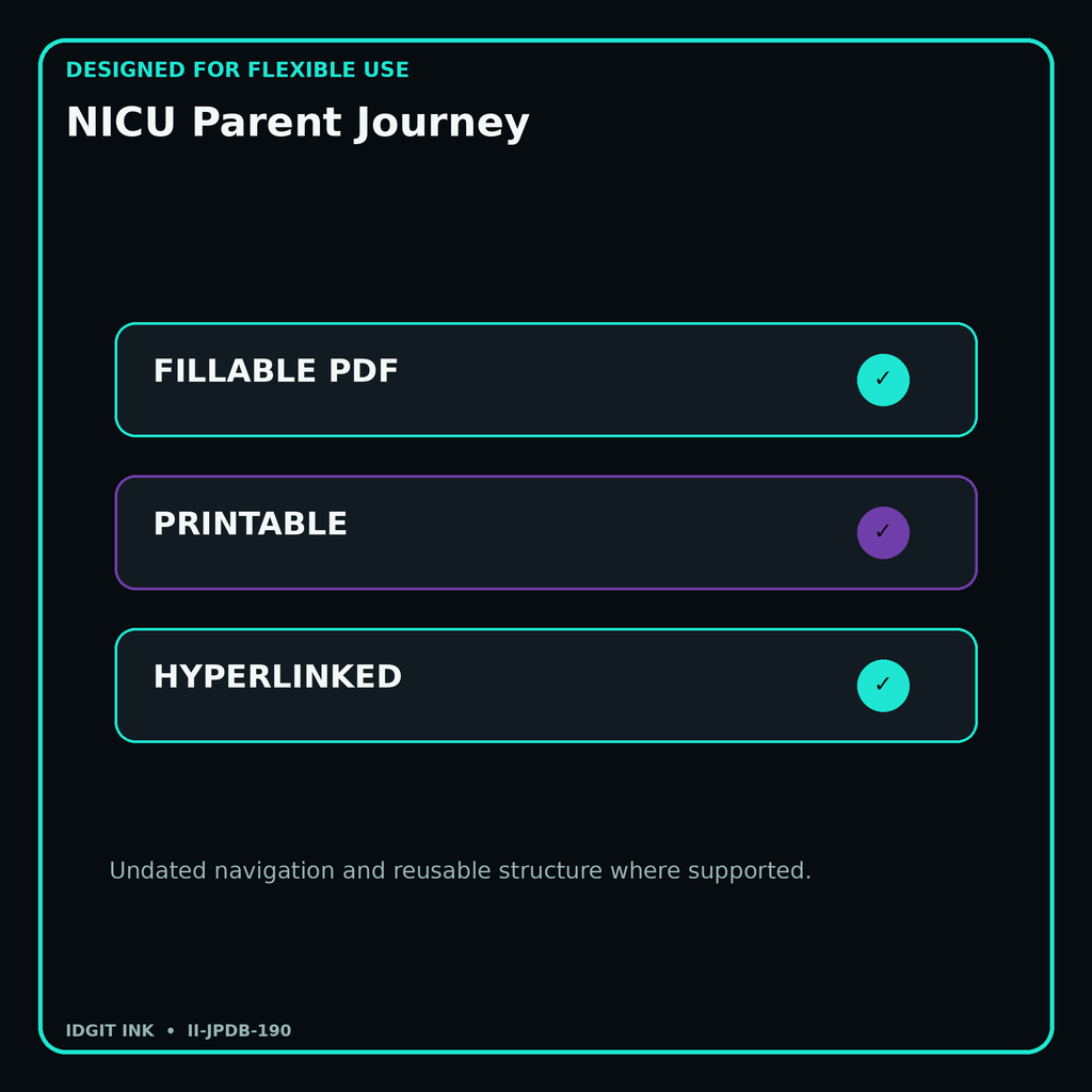 NICU Parent Journey fillable printable and hyperlinked digital features