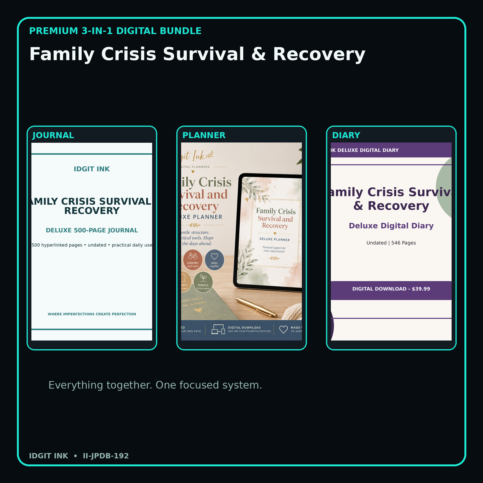 Family Crisis Survival & Recovery premium digital journal planner and diary bundle cover