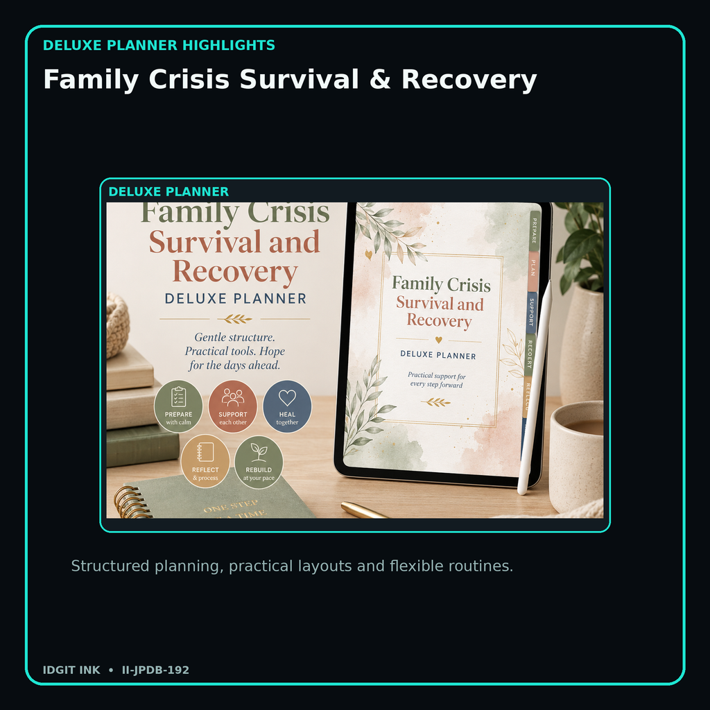 Family Crisis Survival & Recovery deluxe digital planner features and flexible organization