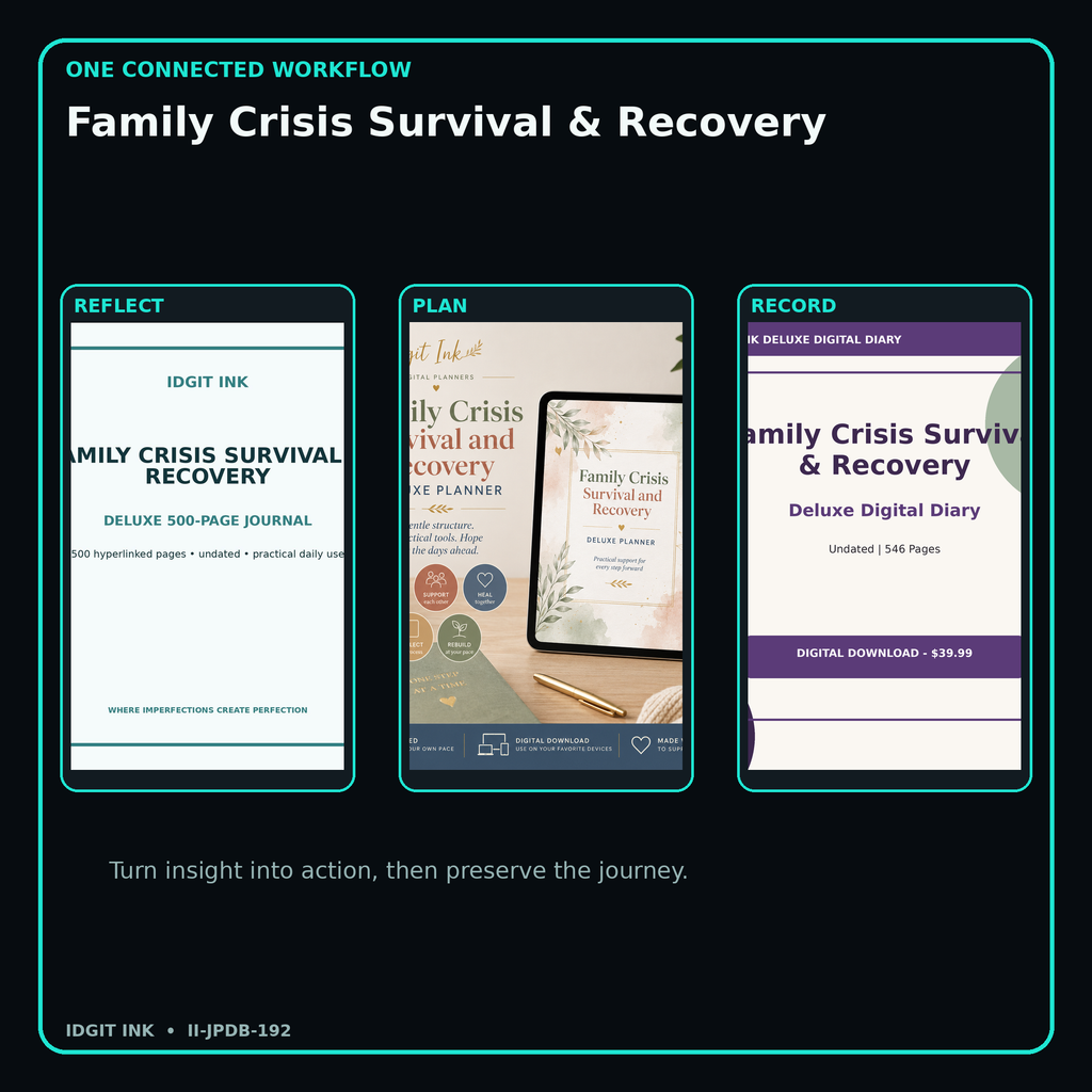 Family Crisis Survival & Recovery connected journal planner diary workflow and customer benefits