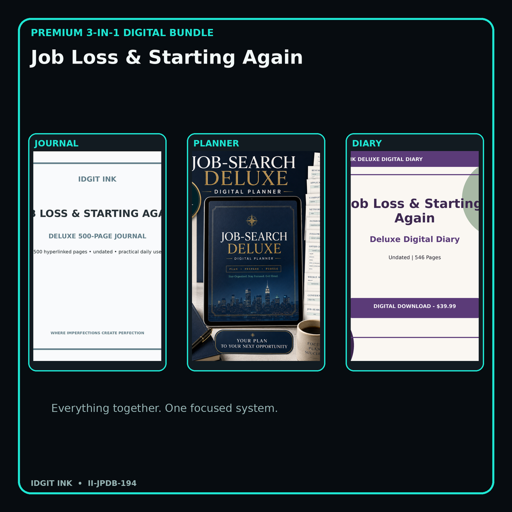 Job Loss & Starting Again premium digital journal planner and diary bundle cover