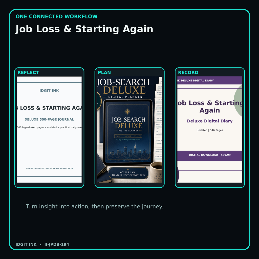 Job Loss & Starting Again connected journal planner diary workflow and customer benefits