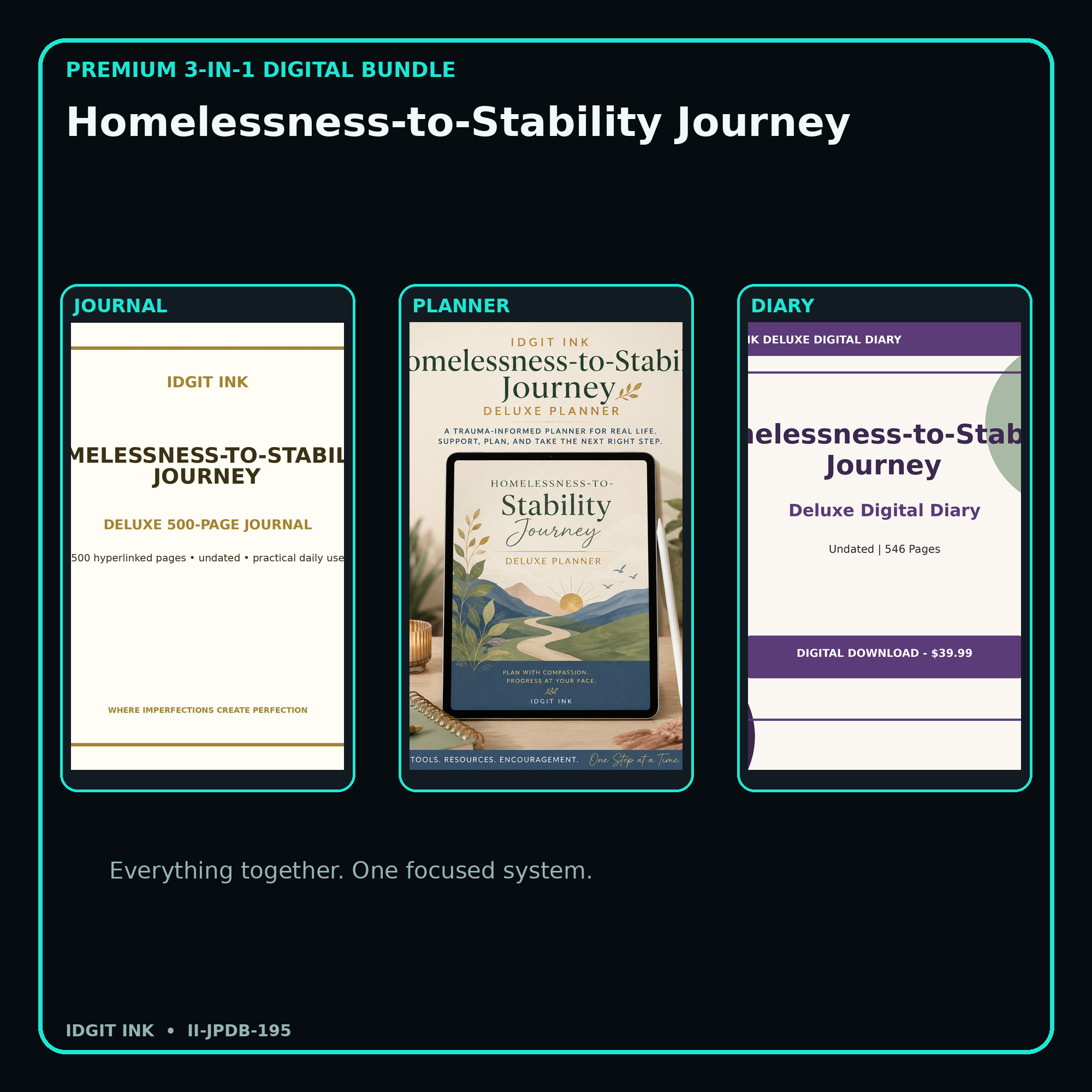 Homelessness-to-Stability Journey premium digital journal planner and diary bundle cover