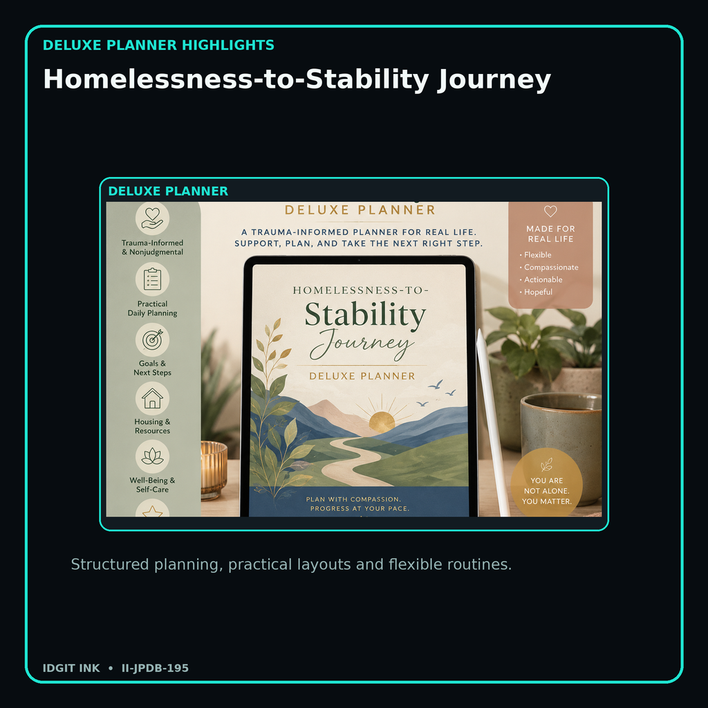 Homelessness-to-Stability Journey deluxe digital planner features and flexible organization