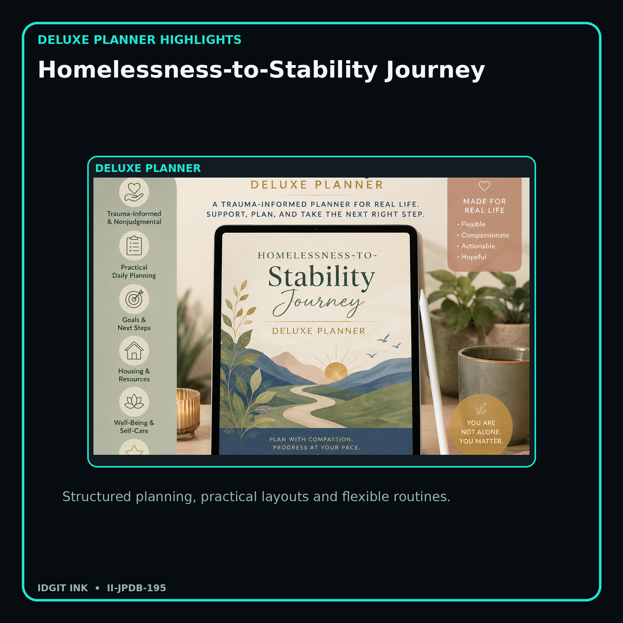 Homelessness-to-Stability Journey deluxe digital planner features and flexible organization