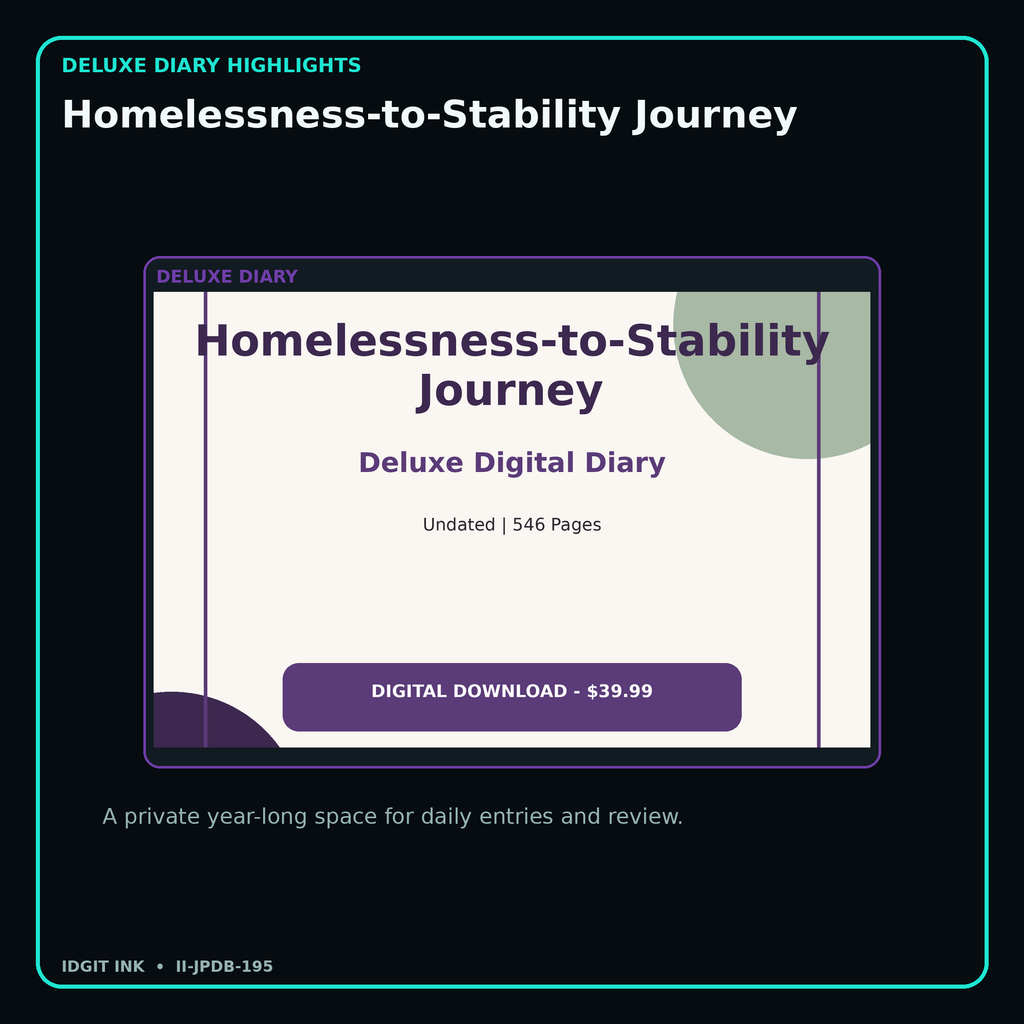 Homelessness-to-Stability Journey deluxe digital diary features and undated daily entries