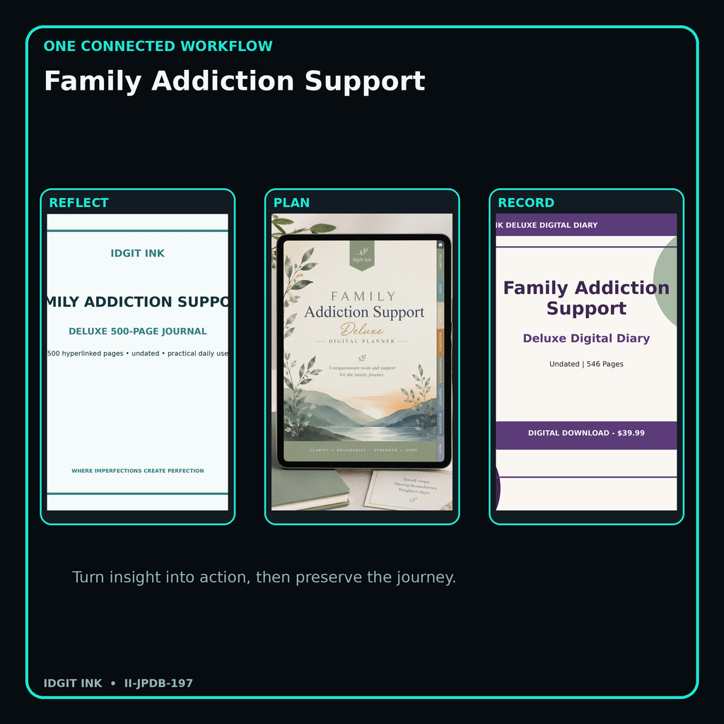 Family Addiction Support connected journal planner diary workflow and customer benefits