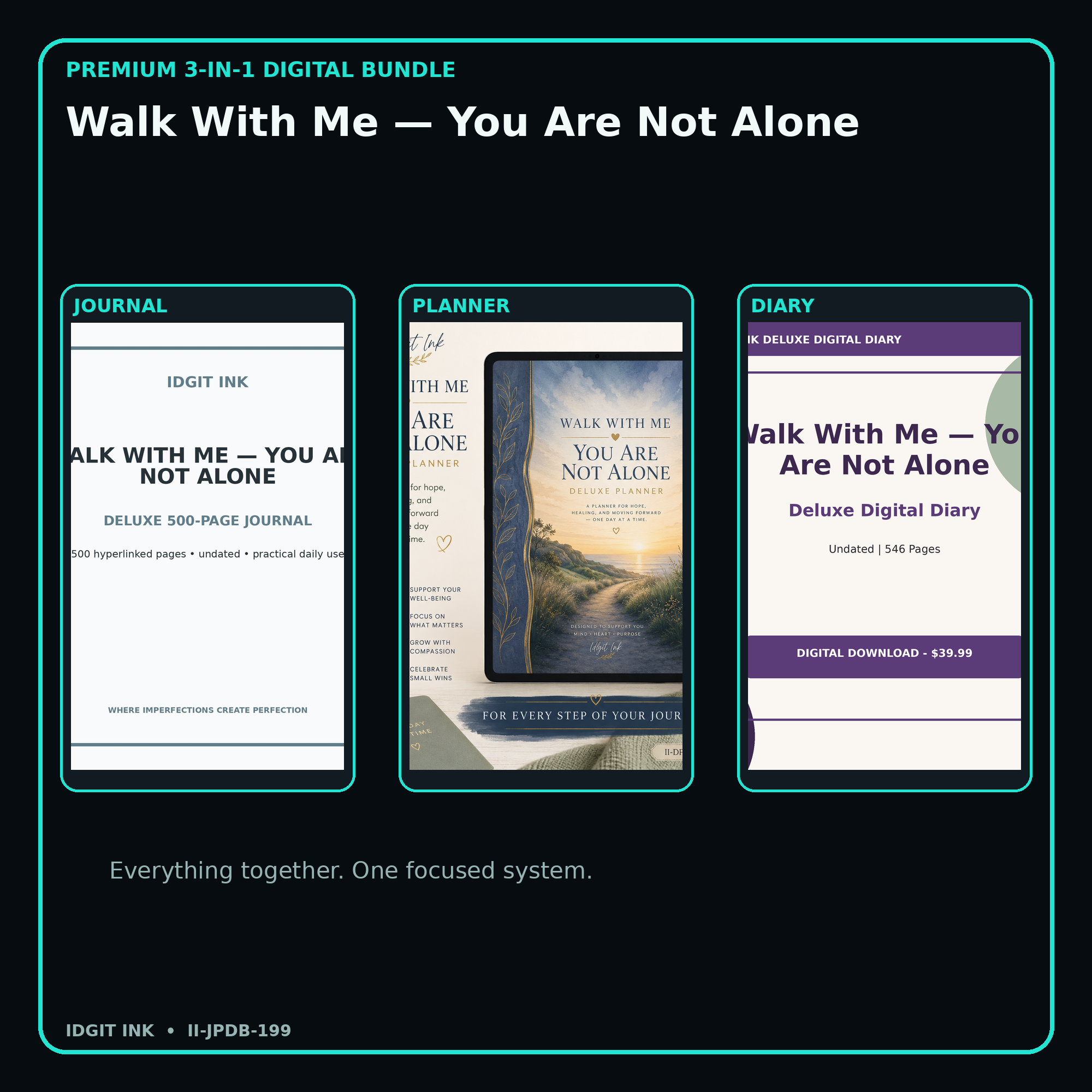 Walk With Me — You Are Not Alone premium digital journal planner and diary bundle cover