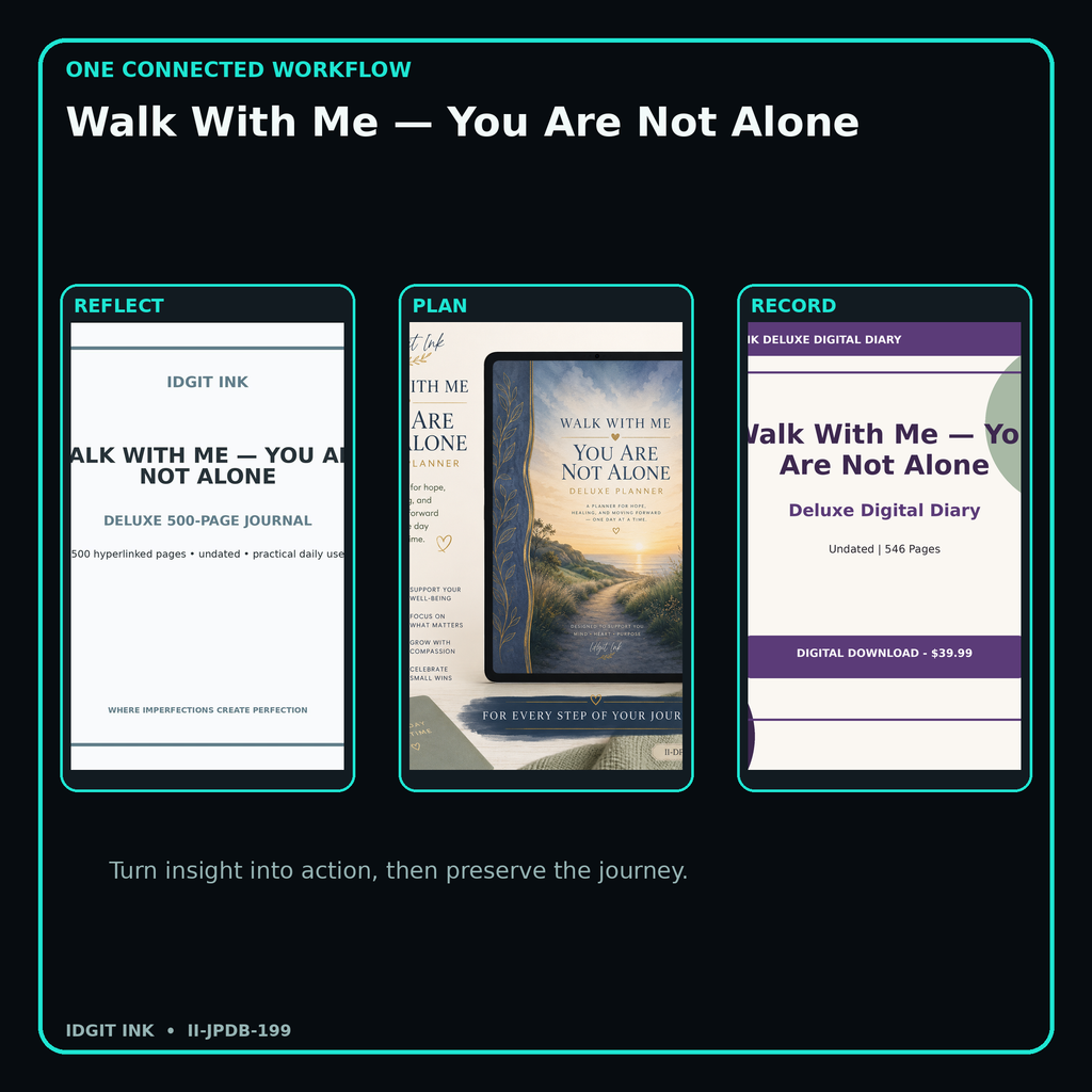 Walk With Me — You Are Not Alone connected journal planner diary workflow and customer benefits