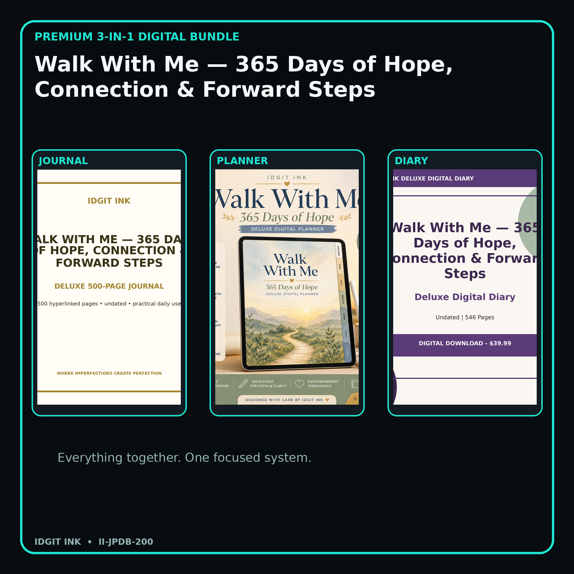 Walk With Me — 365 Days of Hope, Connection & Forward Steps premium digital journal planner and diary bundle cover