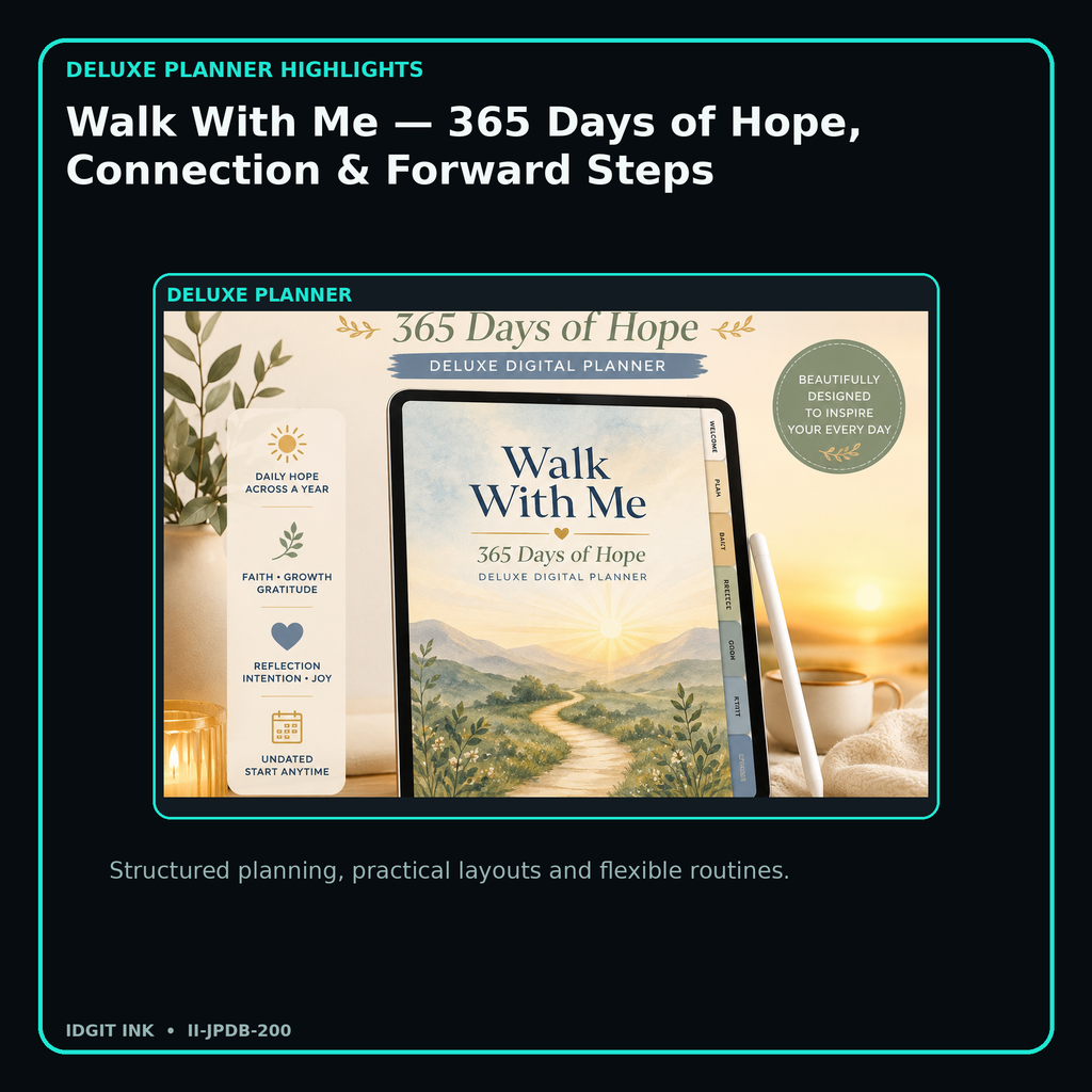 Walk With Me — 365 Days of Hope, Connection & Forward Steps deluxe digital planner features and flexible organization