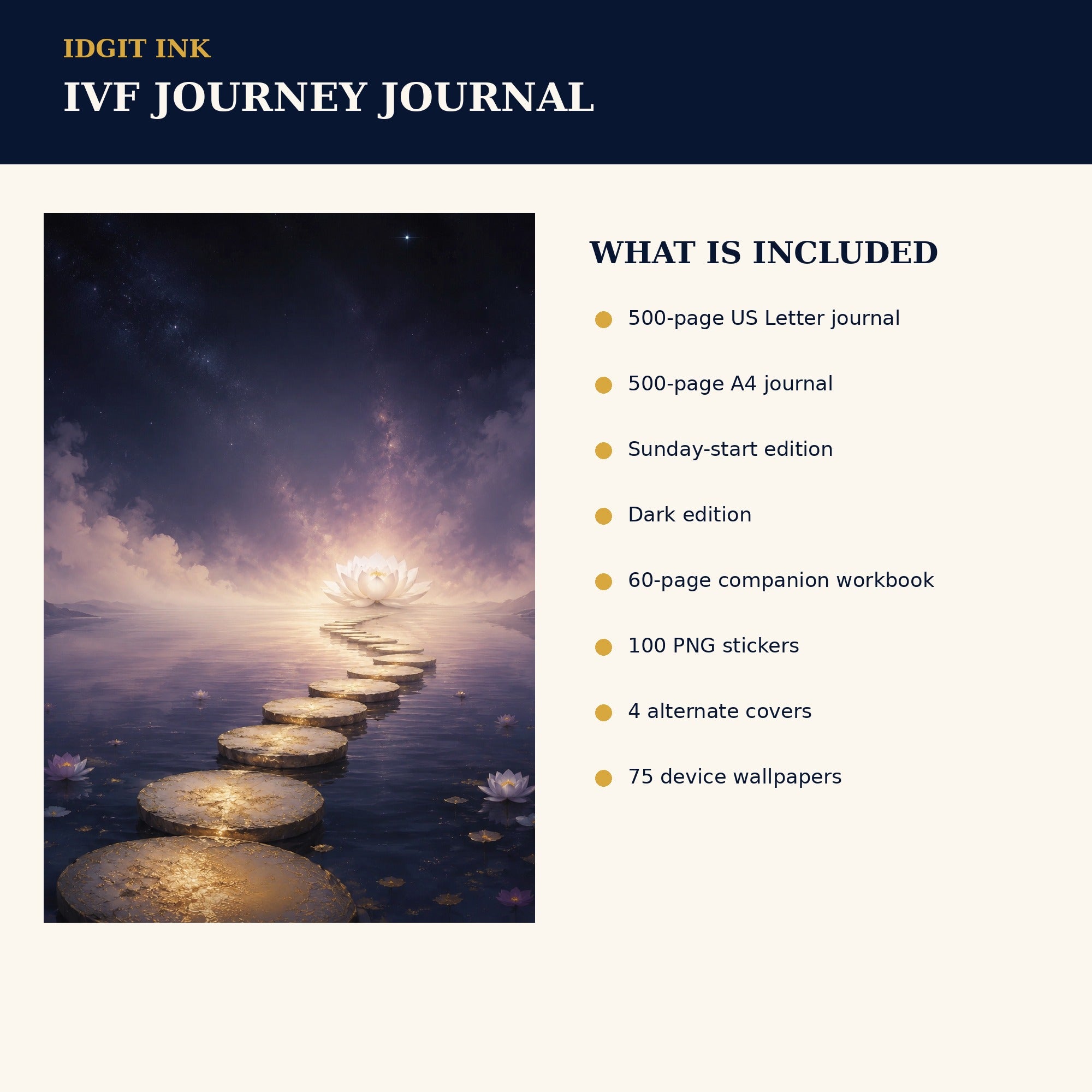 Idgit Ink IVF Journey digital journal — four alternate journal covers