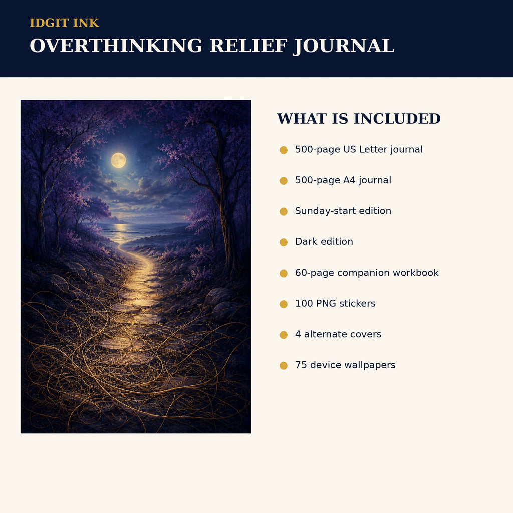 Idgit Ink Overthinking Relief digital journal — four alternate journal covers