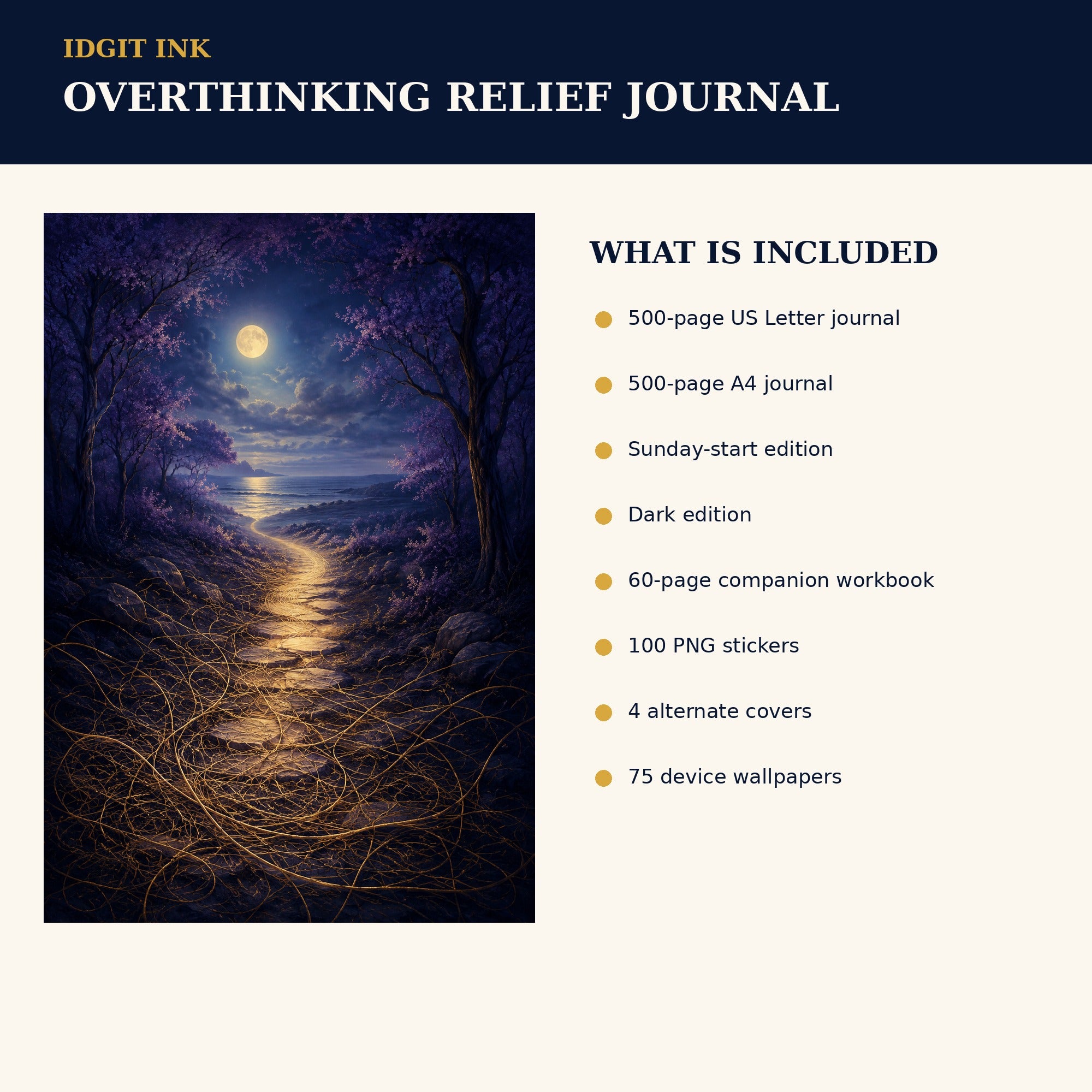 Idgit Ink Overthinking Relief digital journal — four alternate journal covers