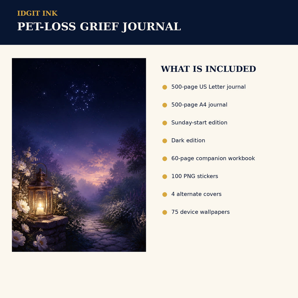Idgit Ink Pet-Loss Grief digital journal — four alternate journal covers