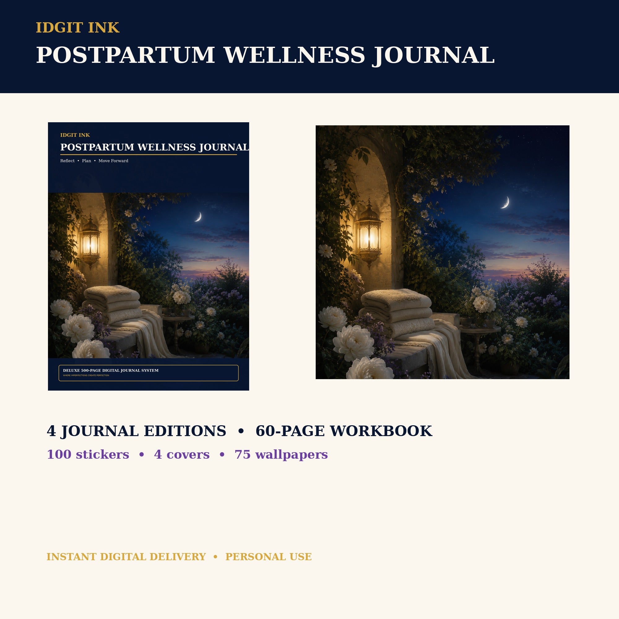 Idgit Ink Postpartum Wellness digital journal — complete deluxe journal bundle overview