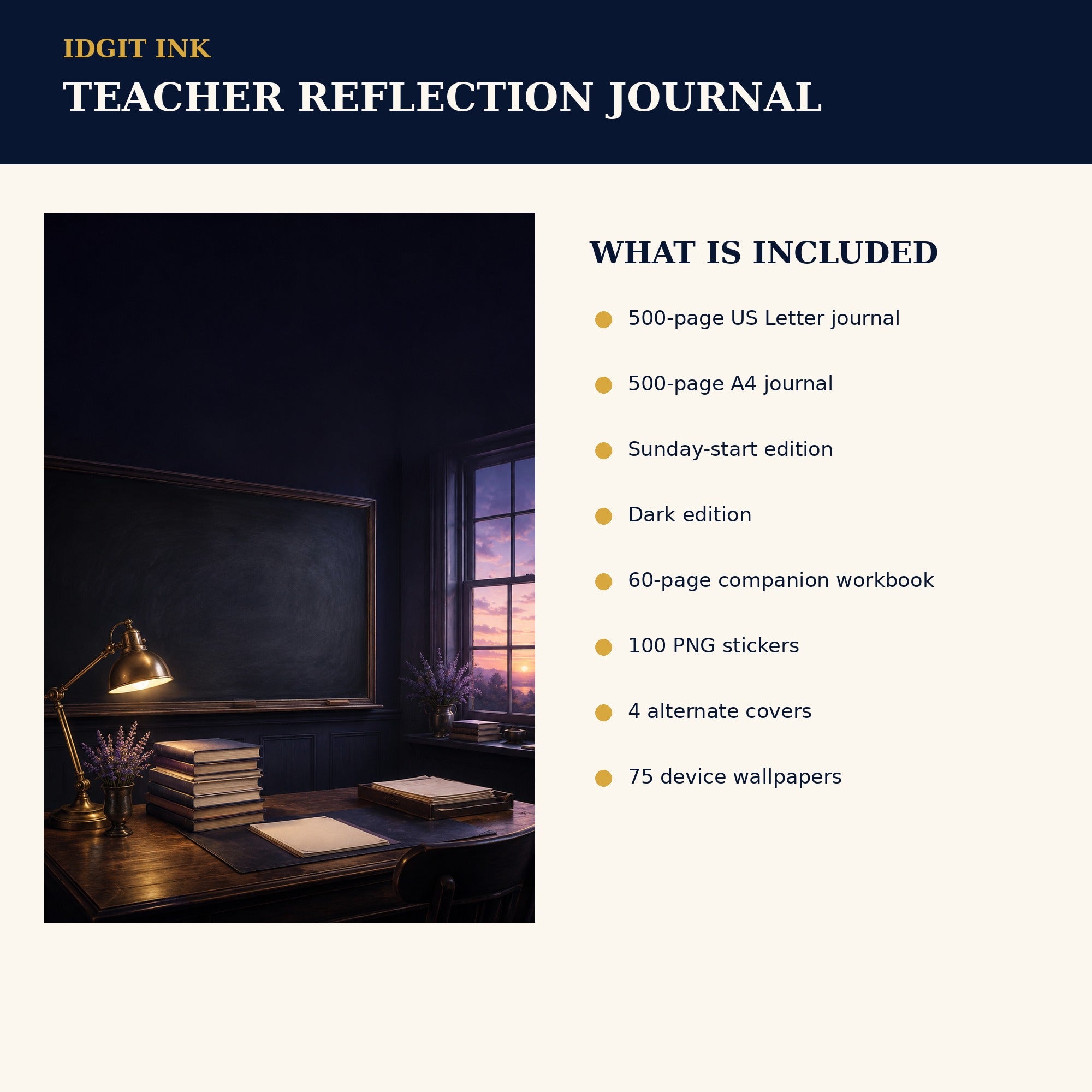 Idgit Ink Teacher Reflection digital journal — four alternate journal covers