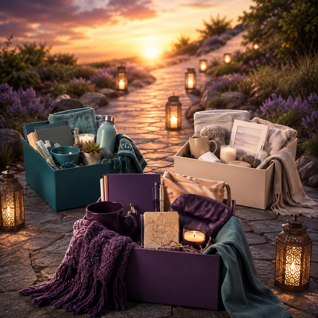 Walk With Me Light the Way care packages beside a lantern-lit path