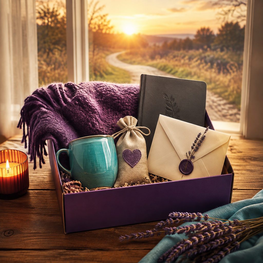 Walk With Me Sponsor Hope care package with comforting items and a sunrise path