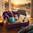 Walk With Me Sponsor Hope care package with comforting items and a sunrise path